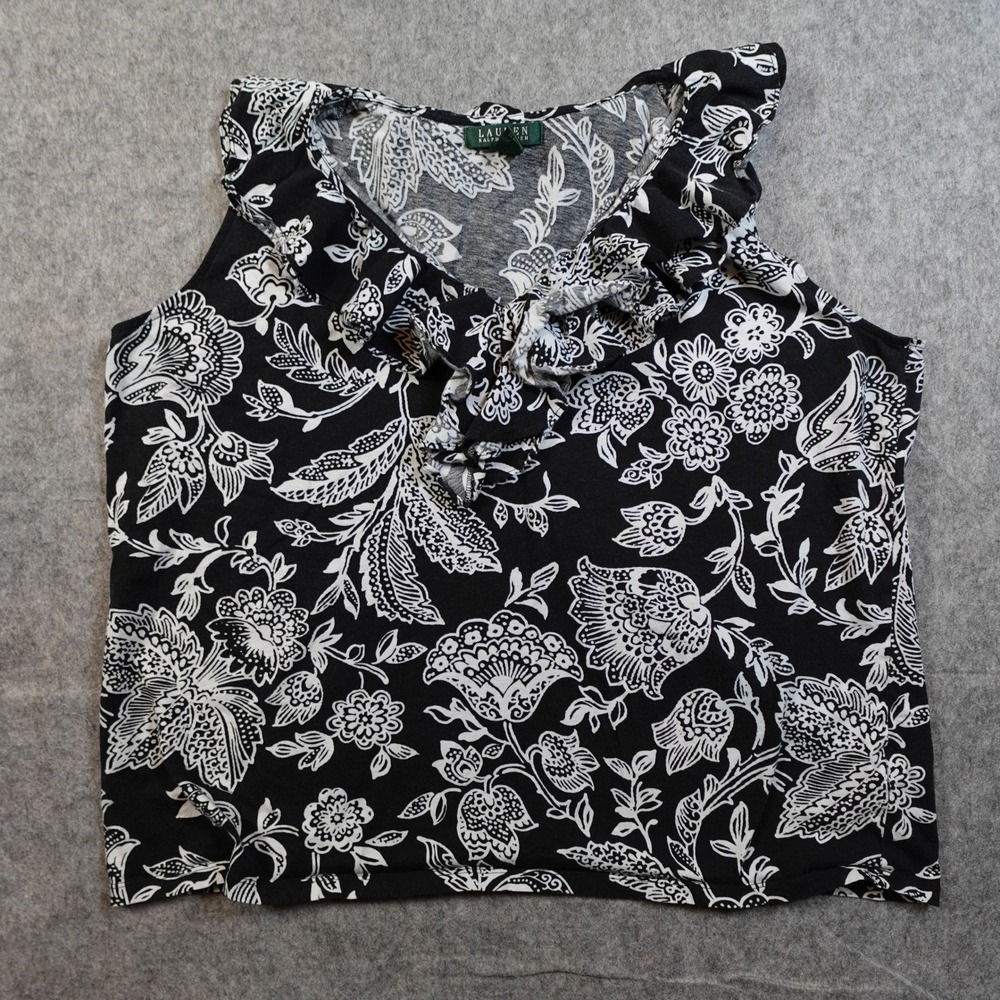 Ralph Lauren Top Womens 3X Sleeveless Paisley Ruffle VNeck Black White